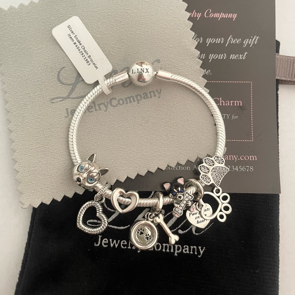 Linx Snake Chain Bracelet with Husky Themed Charms 925 sterling silver